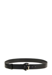 Cintura in pelle nera con fibbia circolare tono oro e il simbolo 'G'. Texture liscia con fori di regolazione lungo tutta la lunghezza.