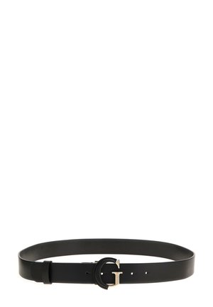 Cintura in pelle nera con fibbia circolare tono oro e il simbolo 'G'. Texture liscia con fori di regolazione lungo tutta la lunghezza.