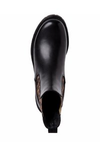 Μαύρο δερμάτινο μποτάκι Chelsea με στρογγυλεμένη μύτη και ελαστικές πλευρικές πινακίδες με εκτύπωση λεοπάρδαλης, σε θέα από πάνω σε λευκό φόντο.