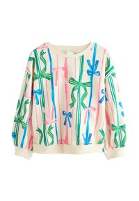 Weißes Sweatshirt mit bunten Schleifenprints in Pink, Blau und Grün. Hat einen runden Halsausschnitt und elastische Bündchen. Weicher Stoff.