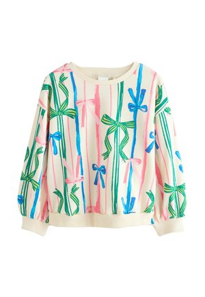 Hvid sweatshirt med farverige sløjfe-mønstre i pink, blå og grøn. Har rund halsudskæring og elastiske manchetter. Blød tekstur.
