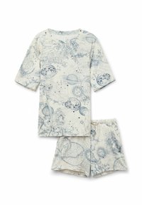 Baumwoll-Pyjama-Set mit einem kurzärmligen Oberteil und Shorts in Cremefarbe mit blauen himmlischen Motiven, einschließlich Planetendarstellungen und dekorativen Details.