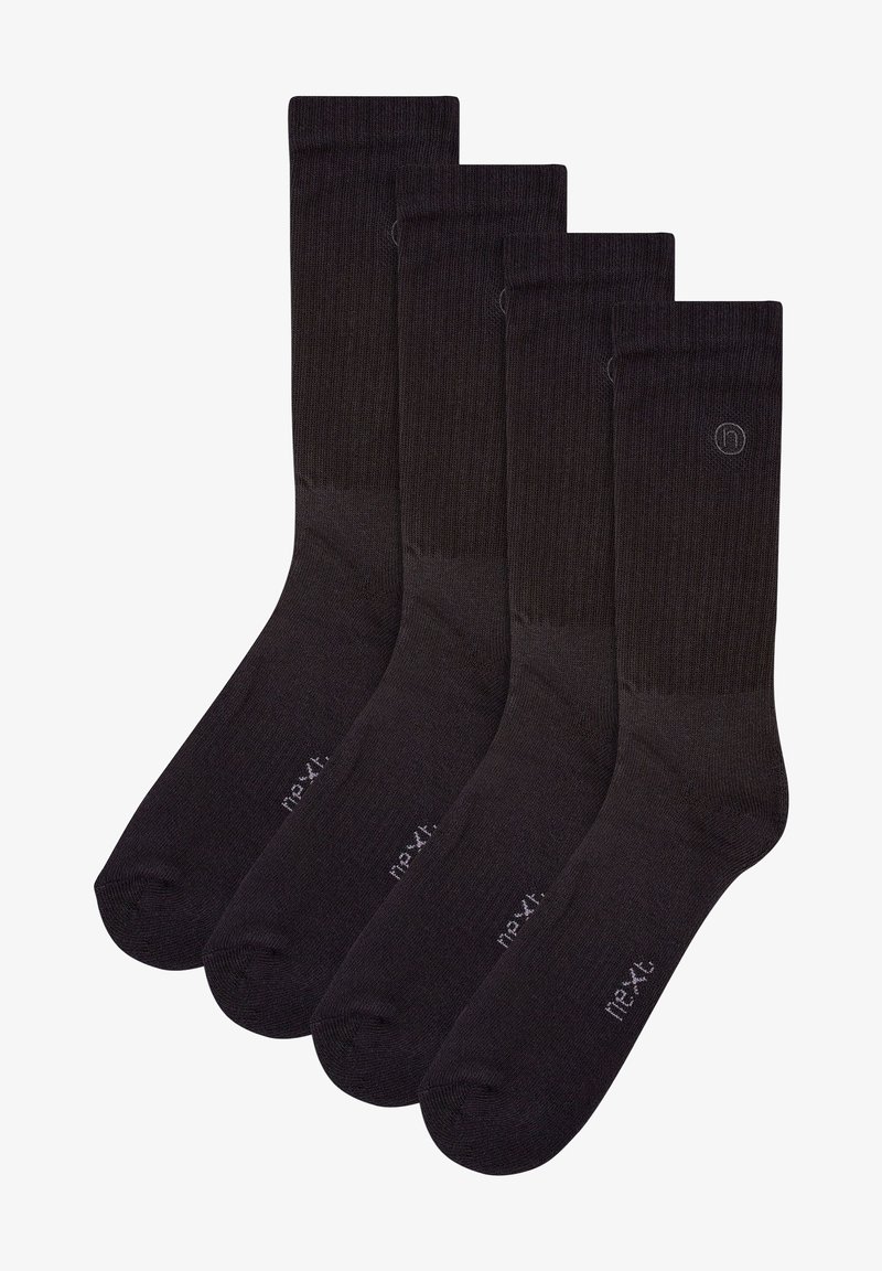 Calzini neri in cotone con un design a coste, dotati di punta e tallone rinforzati. La confezione include quattro paia, con piccolo logo del marchio su ciascuno.