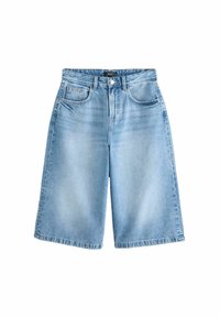Svetlo modri denim kratki hlače z visokim pasom, širokim krojem in razfrljenim robom. Imajo tradicionalne sprednje žepe in gumb za zapiranje.