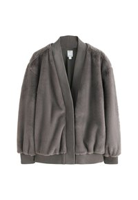 Šedý kardigan z umělé kožešiny s uvolněným střihem, širokými rukávy a ribbovými úplety na manžetách a límci. Přední otevřený design bez zapínání.