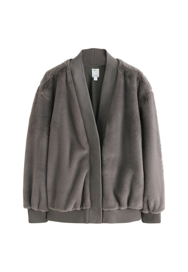 Šedý kardigan z umělé kožešiny s uvolněným střihem, širokými rukávy a ribbovými úplety na manžetách a límci. Přední otevřený design bez zapínání.