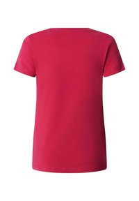 Jednofarebné jasnocervené tričko s krátkym rukávom a okrúhlym výstrihom, zobrazené zozadu.