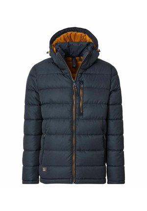 Marineblaue Steppjacke mit abnehmbarem Kapuzen, gestepptem Design, Frontreißverschluss und kontrastierender senfgelber Innenfarbe. Verfügt über seitliche Taschen.