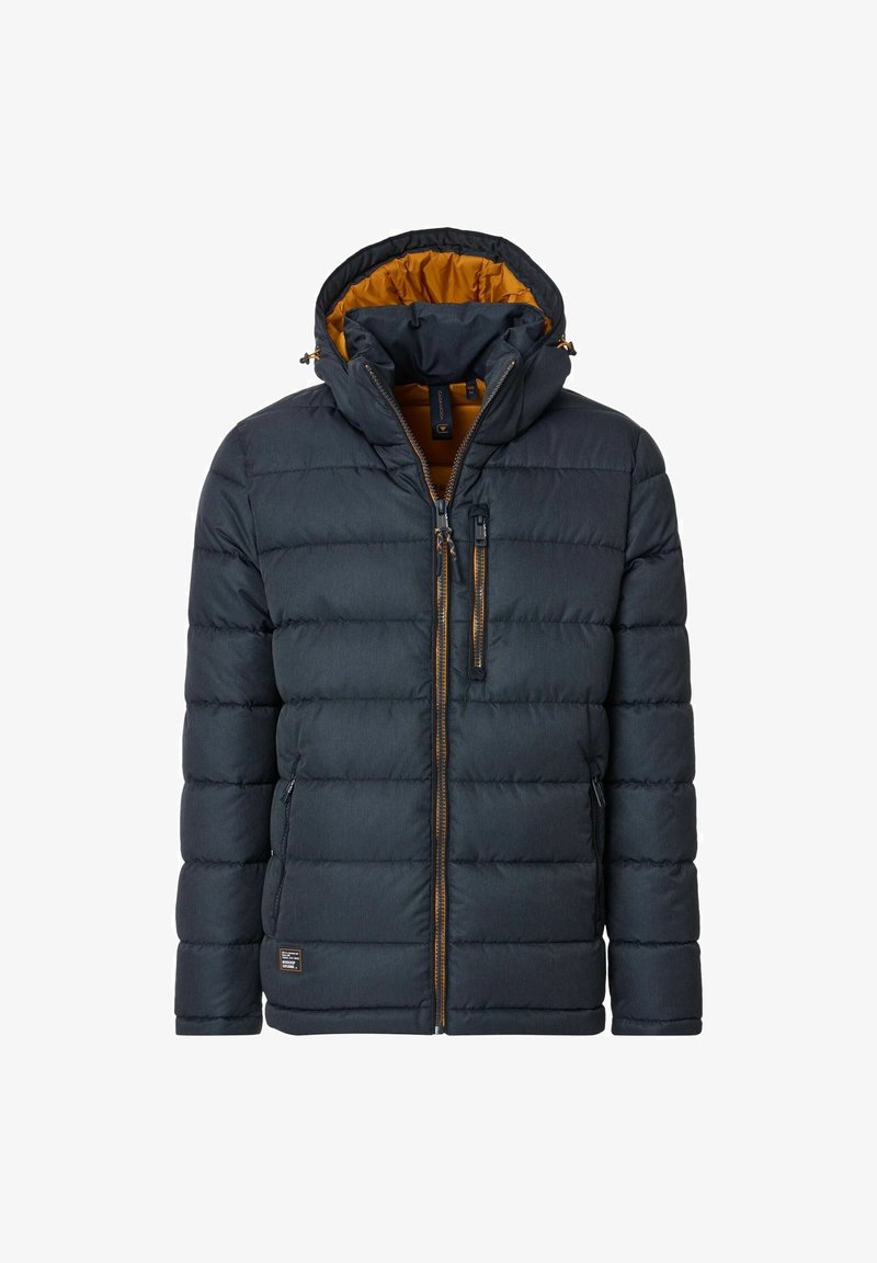 Navy blue puffer jacket with a detachable hood, quilted design, front zipper, and contrasting mustard yellow lining. Features side pockets.