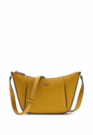 Sac à épaule Guess jaune moutarde avec bandoulière réglable et lettrage logo doré sur surface en cuir texturé.