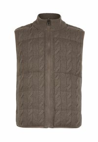 Braune Strickweste mit hohem Kragen, durchgehendem Reißverschluss und strukturiertem Muster. Verfügt über Seitentaschen und gerippte Abschlüsse für zusätzliche Details.