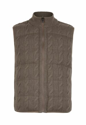 Brun kabelstickad väst med hög krage, hel dragkedja och texturerat mönster. Har sidofickor och ribbade kanter för extra detalj.