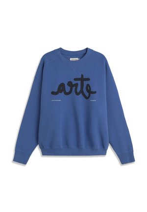 Blaues Sweatshirt mit Rundhalsausschnitt, schwarzem Schriftzug "arte" in Kursivschrift über der Brust sowie gerippten Bündchen und Saum.