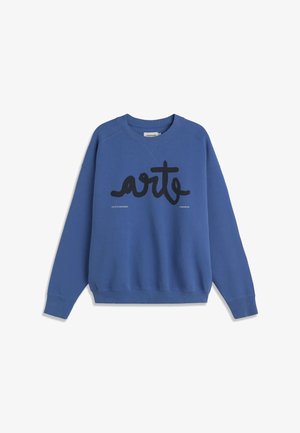 Blaues Sweatshirt mit Rundhalsausschnitt, schwarzem Schriftzug "arte" in Kursivschrift über der Brust sowie gerippten Bündchen und Saum.