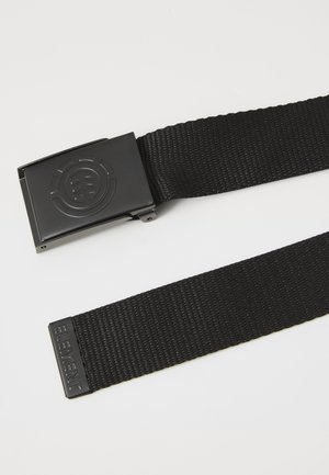 Black nylon belt with a rectangular metal buckle featuring an embossed logo, and a woven texture throughout the belt.