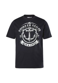 Camiseta de algodón negra con un gráfico de ancla de estilo vintage y texto que dice "El Bar & Grill del Marinero Ebrio" en blanco. Mangas cortas.