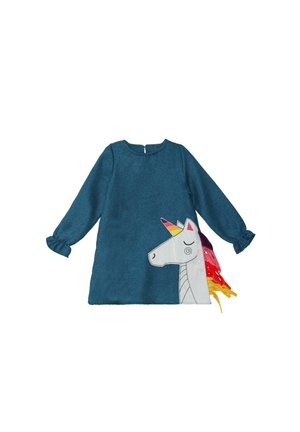 Vestido verde azulado con mangas largas y escote redondo. Presenta un gráfico de unicornio en el lateral con detalles de melena colorida. Textura suave.