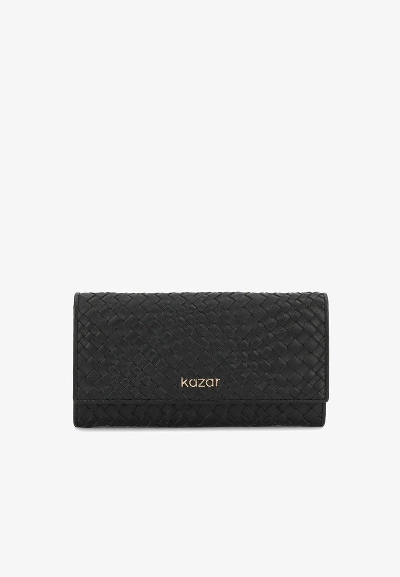 Musta punottu nahkalompakko, jossa kullanvärinen "kazar"-logo keskitettynä etukannen laskoksessa, suorakulmainen muoto ja taitettava suljin.