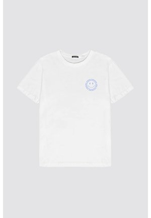 White cotton t-shirt with short sleeves, a round neckline, and a light blue circular graphic featuring a smiley face and text.
