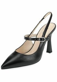 Slingback pump in pelle nera con punta affusolata, cinturino regolabile con fibbia in tono argento e tacco quadrato.