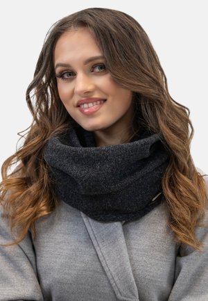 Dark gray knitted cowl scarf made of soft wool-blend fabric, featuring a textured finish and a smooth interior.
