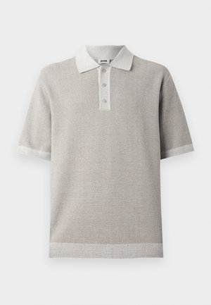 Gray polo shirt in a textured knit, featuring a light gray collar, three-button placket, and short sleeves with a clean finish at the hem.