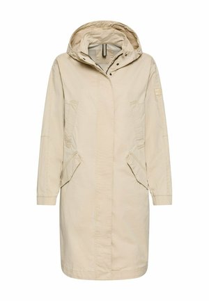 Beiger langer Regenmantel mit Kapuze, Frontreißverschluss, Druckknöpfen, zwei Klappentaschen und langen Ärmeln.