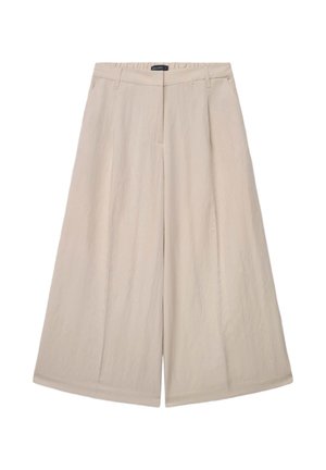 Wide-leg beige culotte pants with belt loops, front pleats, and a concealed front closure, laid flat on a white background.