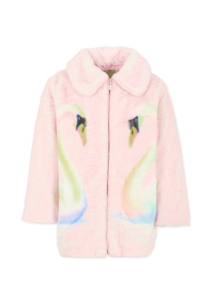 Giacca in pelliccia sintetica di colore rosa chiaro con stampa di cigni. Presenta un colletto rotondo, chiusura frontale con zip e una texture morbida.