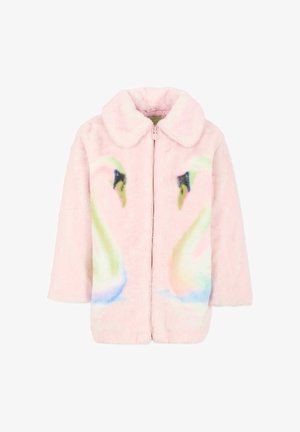 Giacca in pelliccia sintetica di colore rosa chiaro con stampa di cigni. Presenta un colletto rotondo, chiusura frontale con zip e una texture morbida.