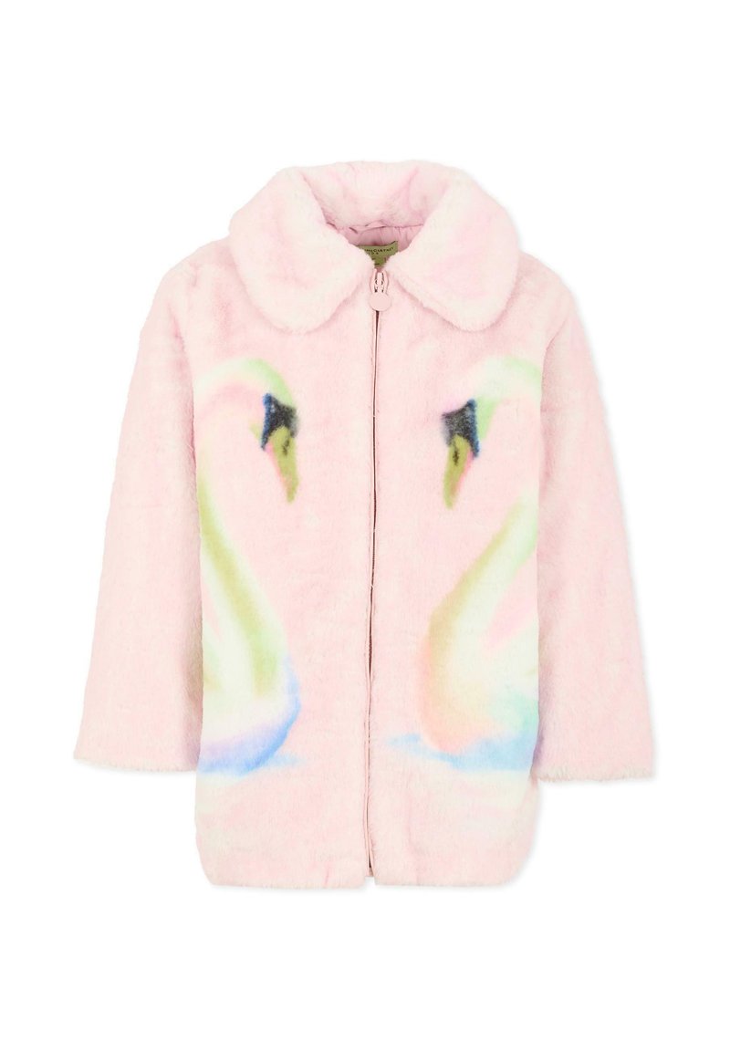 Veste en fausse fourrure de couleur rose pâle avec un motif de cygne. Elle a un col arrondi, une fermeture éclair à l'avant et une texture douce.