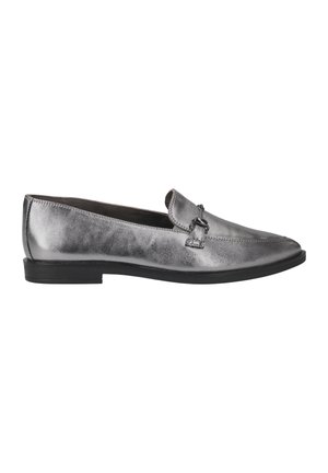 Sølv læderloafer med sort sål og metalbitdetalje på toppen, vist i sideprofil mod hvid baggrund.
