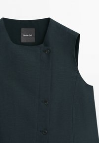 Sleeveless dark navy dress with a square neckline and three black buttons down the front, labeled Massimo Dutti.