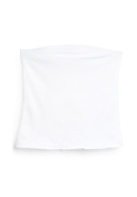 Haut tube en coton blanc avec une texture lisse, un ourlet droit et sans coutures ni détails visibles. Design léger et extensible.