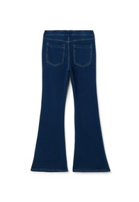 Jeans acampanados de color azul oscuro, con una textura suave, que presentan una pretina ancha y dos bolsillos traseros con costuras diagonales.