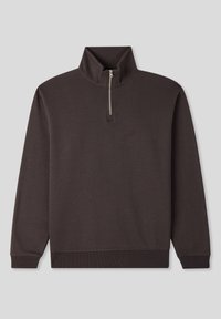 Pullover abbottonato marrone scuro realizzato in morbido tessuto; presenta un colletto alto, polsini a coste e un design semplice senza ulteriori motivi.