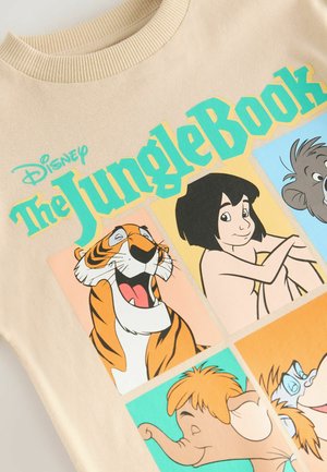 Beige bomulds sweatshirts med farverig Disney "Junglebogen" grafik, der viser dyrefigurer og et barn i et paneldesign.
