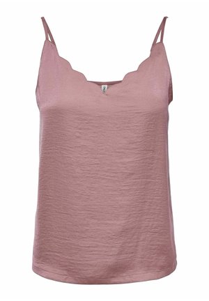 Camisole rose clair avec un col scallopé, des fines bretelles réglables et une texture froissée. Aucun motif ou accent supplémentaire visible.