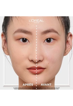 Comparaison des résultats de la crème BB sur un visage, le côté gauche présente une peau lisse et un teint uniforme, tandis que le côté droit montre une texture inégale et des imperfections.