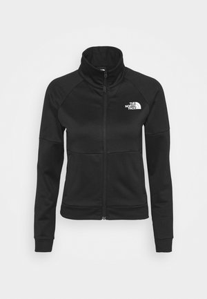 Sort fleecejakke med fuld lynlås, lange ærmer, opretstående krave og hvid The North Face-logo på venstre bryst.