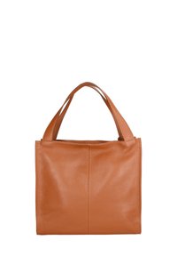 Bruine leren tote bag met een textuur, dubbele handvatten en een rechthoekige vorm. Heeft een centrale naad en een open ontwerp aan de bovenkant.