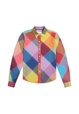 Camicia a maniche lunghe con un motivo a diamante multicolore nelle tonalità di rosso, blu, giallo, verde e viola, con colletto-button down.