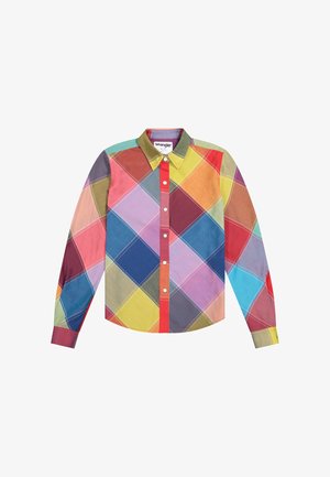 Pikkade varrukatega särk, millel on mitmevärviline rombimuster punase, sinise, kollase, rohelise ja violettse tooni, koos nööpidega kaelusega.