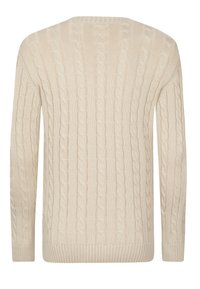 Cable-knit sweater in creamy beige, featuring a textured pattern with raised braids and ribbed cuffs and hem. Soft, cozy knit material.