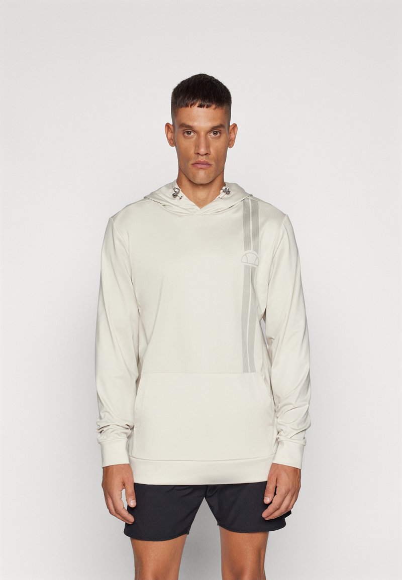 Gaišbeidzis puloveris ar kapuci, izgatavots no gludas auduma, ar priekšējām kangaroo kabatām, sānu svītrām un vilkšanas kapuci ar metāla akcentiem.