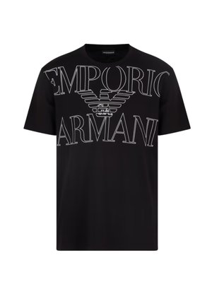 T-shirt en coton noir à manches courtes avec un grand texte blanc "EMPORIO ARMANI" et un graphique de logo dans une police moderne. Coupe classique.