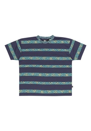 Navy blue short-sleeve shirt with horizontal teal and yellow zigzag patterned stripes across body and sleeves.