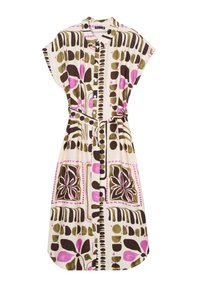 Korte mouw jurk met een crèmekleurige basis en grote, veelkleurige bloemen- en geometrische patronen in roze, groen en bruin, met een bijpassende riem.