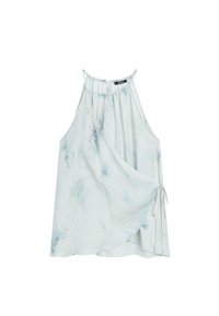 Haut cache-cœur sans manches bleu clair tie-dye avec fines bretelles et fermeture nouée sur le côté, avec un col froncé et une coupe ample.