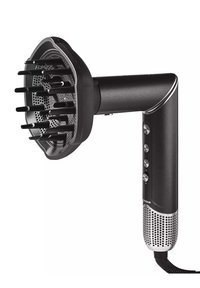 Schwarzer Haartrockner mit einer runden, offenen Düse und langen, dünnen Zinken. Enthält Bedienelemente am Griff und einen metallischen Akzent an der Basis.
